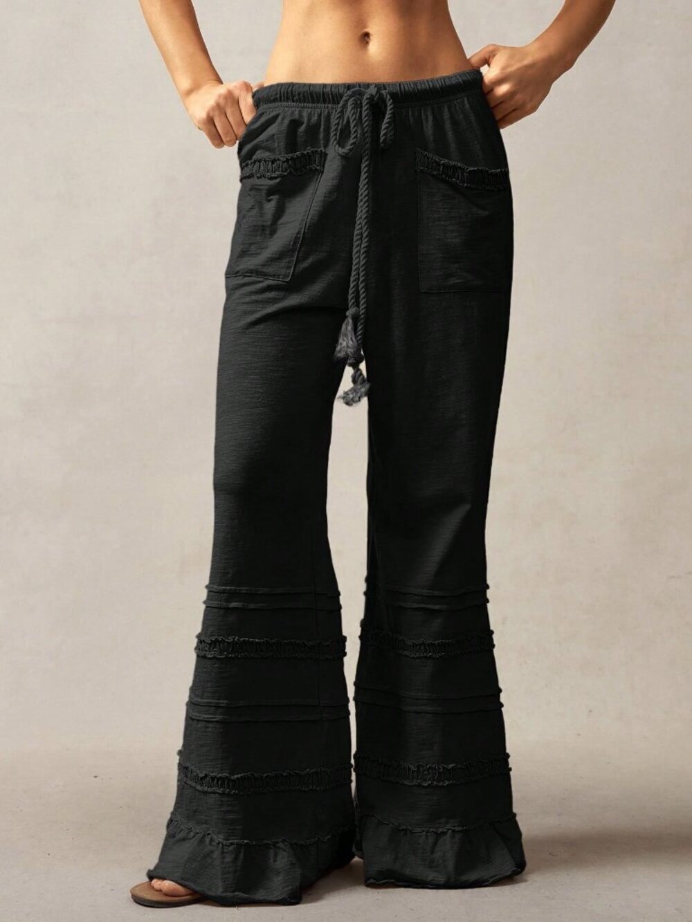 Black Casual Women's Bohemian Style High Waist Flare Leg Knit Pants